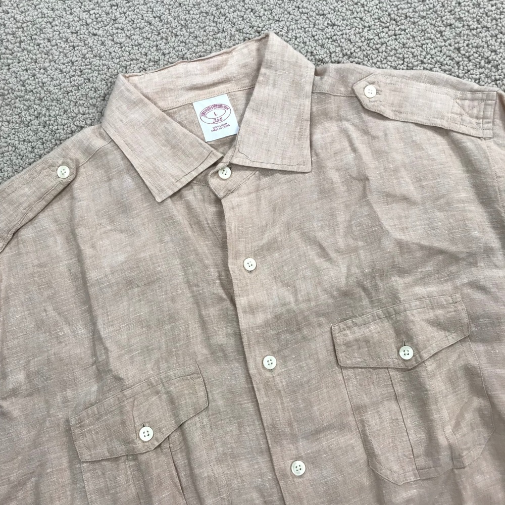 Brooks Brothers 346 Mens Large Linen Safari Shirt Tan Short Sleeve Epaulets L